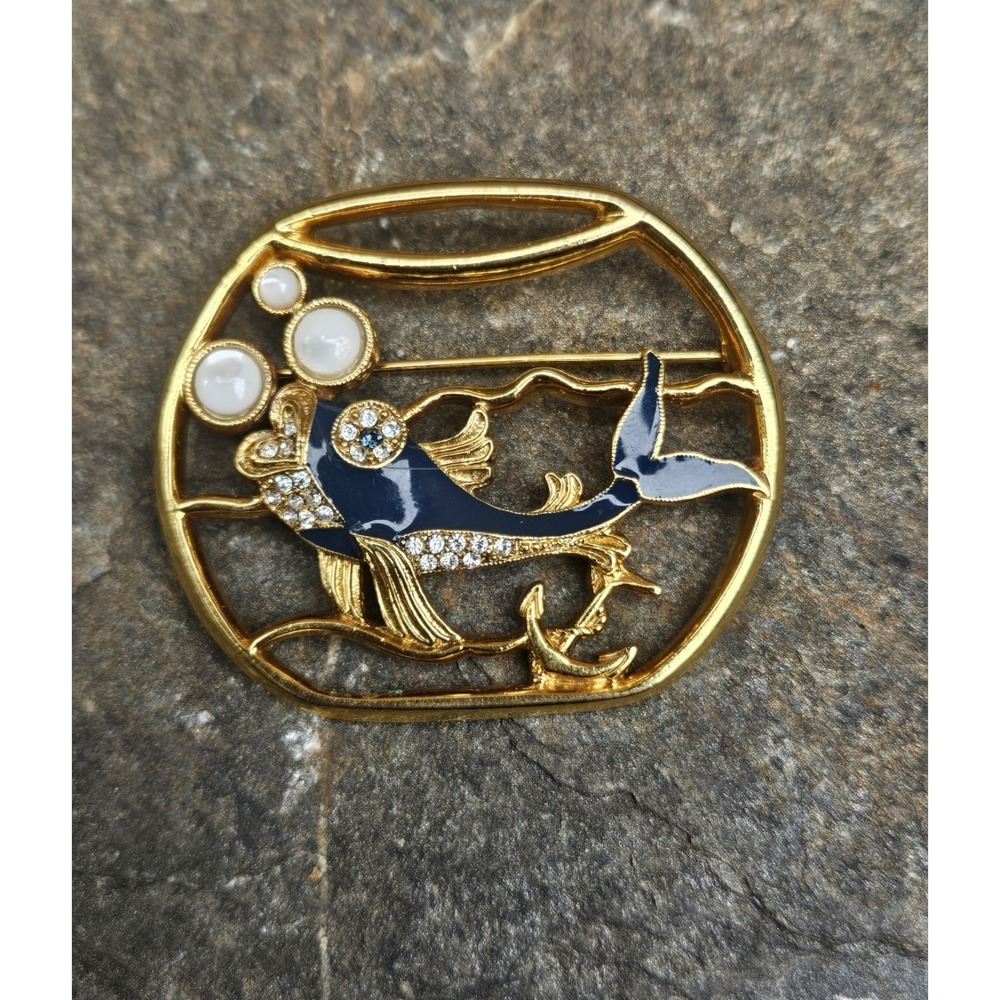 1928 Brand Enamel & Rhinestones Fish Bowl & Bubbles Brooch